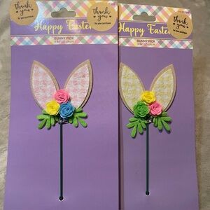 NWT Easter/Spring Bunny 2 Picks with Colorful Flowers and Gingham Print.